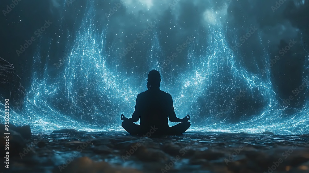 A silhouette meditates against a blue energy field, enveloped in a tranquil glow. A silhouette meditates against a blue energy field, enveloped in a tranquil glow.