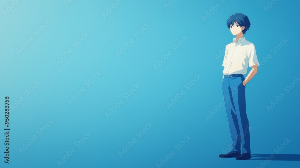 Anime-Inspired Character in Early 20s Wearing Blue Trousers and White Shirt on solid background with copy space Anime-Inspired Character in Early 20s Wearing Blue Trousers and White Shirt on solid background with copy space