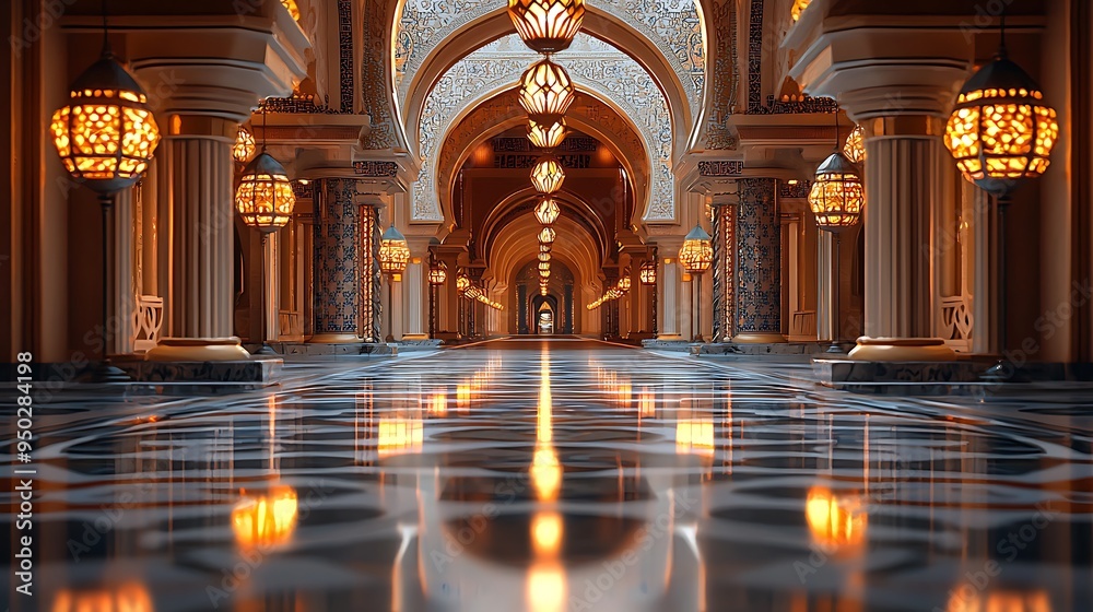 Fototapeta premium A grand hallway adorned with ornate lanterns exudes timeless elegance.