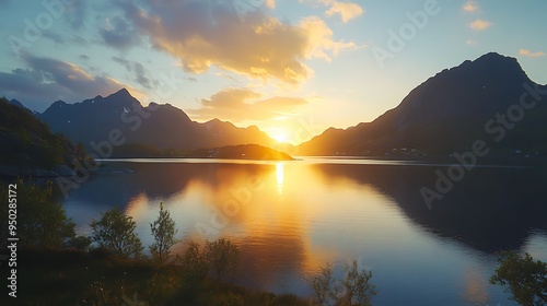 Golden Sunset over Mountains and Lake