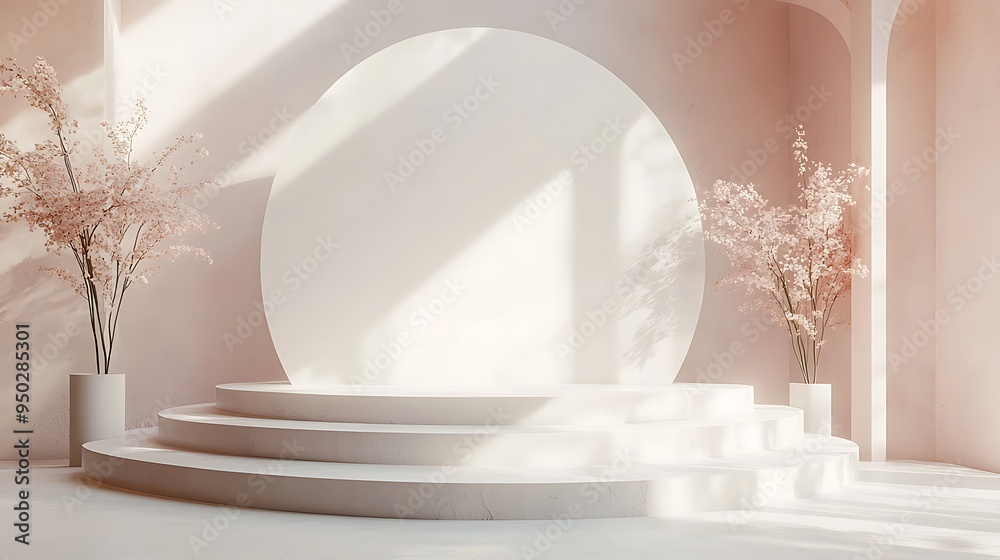 A minimalist white podium adorned with dried flowers casts soft shadows under gentle light. A minimalist white podium adorned with dried flowers casts soft shadows under gentle light.