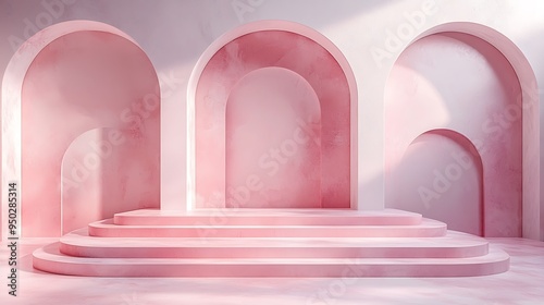 Pink archway steps form a chic, minimalist display stage bathed in sunlight.