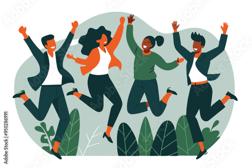 business team success, people jumping for joy vector illustration