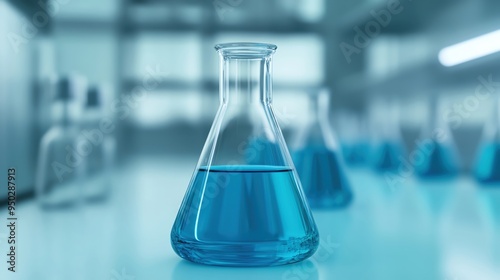 A close-up of a laboratory flask filled with blue liquid, symbolizing scientific research and innovation in a modern lab environment.