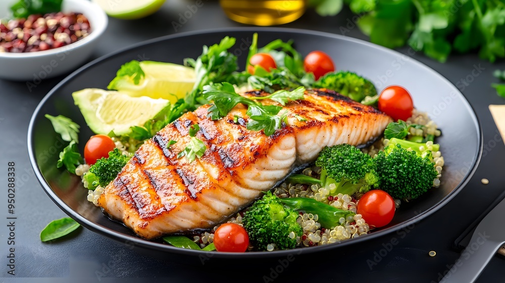 Grilled mackerel with quinoa and steamed broccoli, high in omega-3s, brain health and wellness minimalist realistic Grilled mackerel with quinoa and steamed broccoli, high in omega-3s, brain health and wellness minimalist realistic