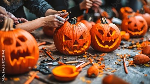 A bright and festive pumpkin carving contest with tools scattered across the table and a lineup of creative jack-o-lanterns