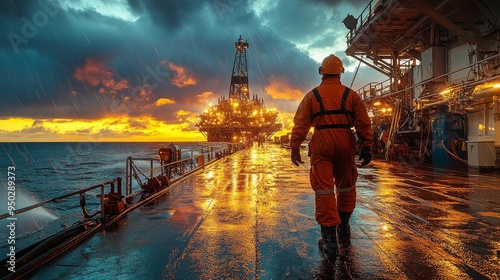Offshore drilling crew during a shift change, rugged environment, dramatic lighting, 