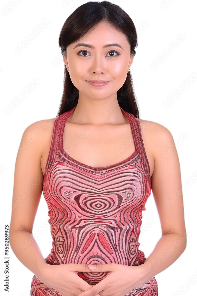 Smiling Asian woman in red patterned tank top with hands clasped Smiling Asian woman in red patterned tank top with hands clasped