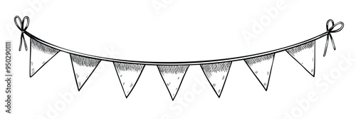 Vector Pennants for festival decorations and invitations. Outline drawing of triangle Garland Banner for party celebration painted by black inks. Etching of string for holiday in linear style.
