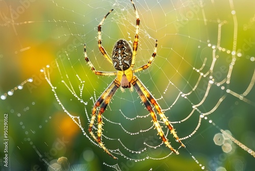 close up spider hunting, detailed close up of a golden orb weaver spider spinning its web, dewy morning web in a garden, soft, diffused natural highing the web s photo