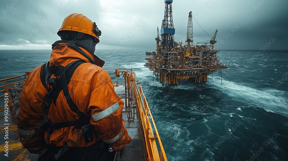 offshore oil rig workers in safety gear, operating heavy machinery, dramatic ocean backdrop.