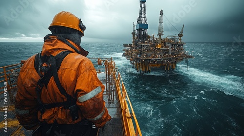 Obraz na płótnie offshore oil rig workers in safety gear, operating heavy machinery, dramatic ocean backdrop. w salonie