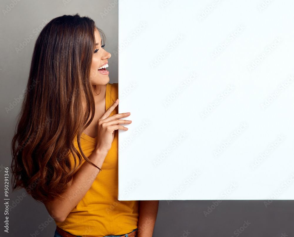 Happy, woman and thinking with billboard in studio for poster, design and marketing information. Smile, person and paper banner with mockup space for promotion, sign or advertising on gray background Happy, woman and thinking with billboard in studio for poster, design and marketing information. Smile, person and paper banner with mockup space for promotion, sign or advertising on gray background