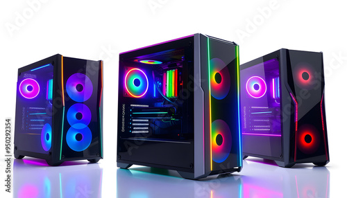 set collection of colorful custom gaming pc computer with dark tinted glass windows and rgb rainbow led lighting isolated white background isolated with white highlights, png photo