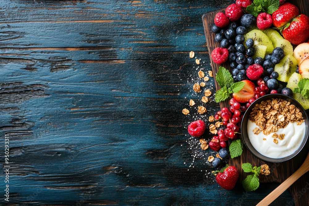 Bowl of homemade granola with yogurt and fresh berries on wooden background from top view Bowl of homemade granola with yogurt and fresh berries on wooden background from top view