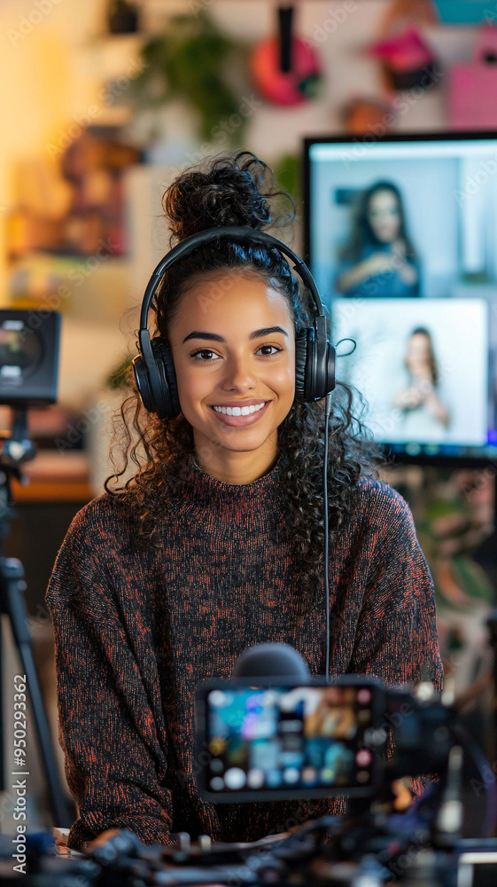 Fototapeta premium Woman livestreaming on social media from her home studio