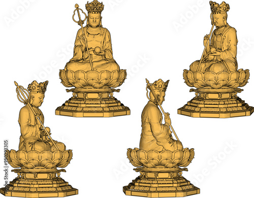 Vector sketch illustration of a sacred buddha statue decoration design meditating on a lotus flower
