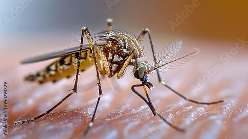 Close-up mosquito in skin, Mosquito sucking human blood , Aedes aegypti Mosquito photo