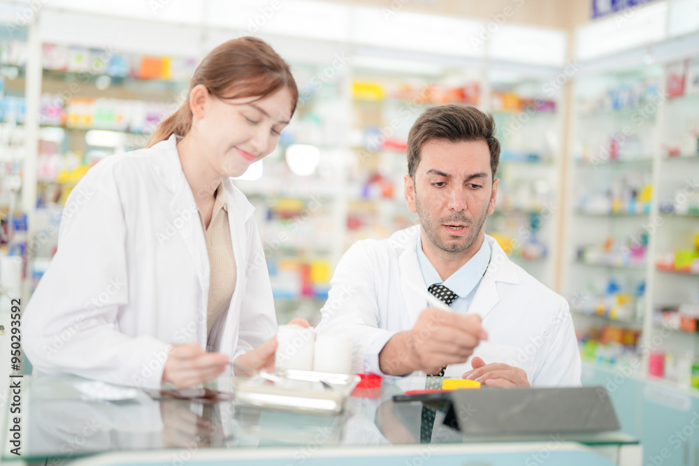 team man and woman pharmacist inspects a medication bottle, ensuring accuracy in prescription filling. pharmacists in patient safety and careful medication handling. operations in retail pharmacy. team man and woman pharmacist inspects a medication bottle, ensuring accuracy in prescription filling. pharmacists in patient safety and careful medication handling. operations in retail pharmacy.