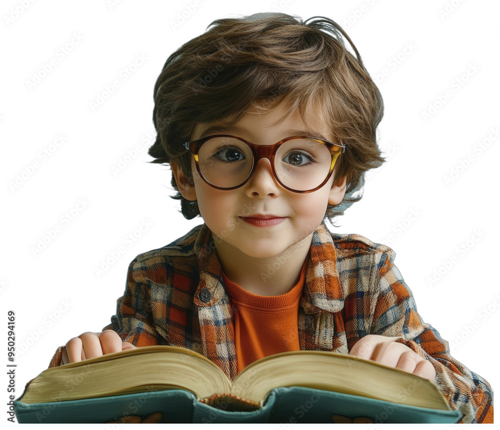 A young boy with glasses looks up from an open book A young boy with glasses looks up from an open book