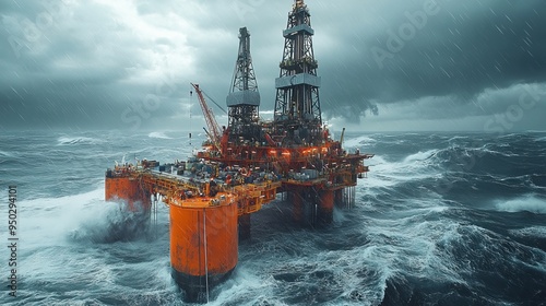 Offshore oil rig at night, floodlights illuminating the platform, deep blue ocean.
