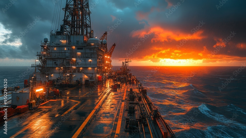 Offshore oil rig at sunset, floodlights illuminating the platform, workers in reflective vests moving equipment.