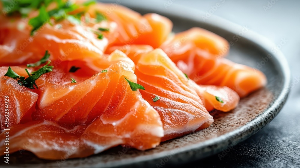 A plate of freshly sliced sashimi salmon, garnished with sprigs of greenery, showcasing the delicate and artistic presentation of this popular Japanese delicacy.