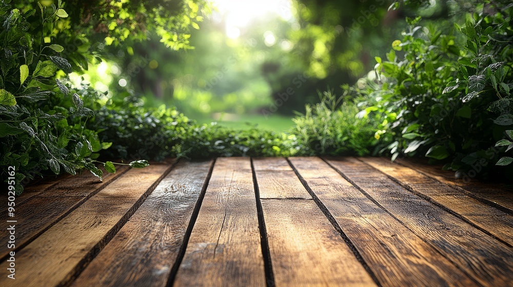 Wooden plank floor in the middle of the forest in the morning, Background for Product Placement. Wooden plank floor in the middle of the forest in the morning, Background for Product Placement.