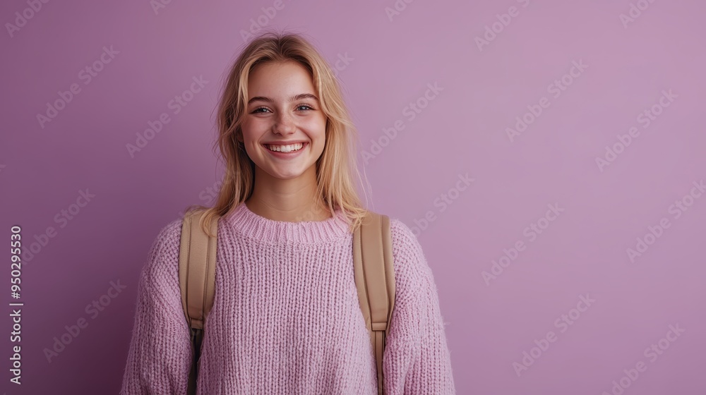 A vibrant young woman with a happy smile, wearing a pink knitted sweater and posing in front of a pink background. Her joyful demeanor exudes warmth and positivity.