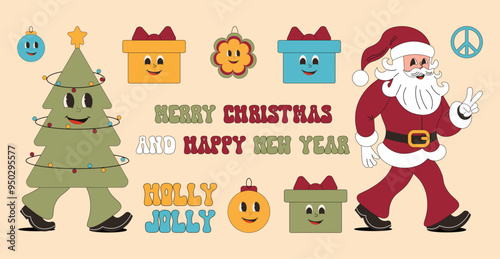 Groovy Christmas. Set of Santa Claus, Christmas tree, gift, tree in trendy retro style. Vector stickers.