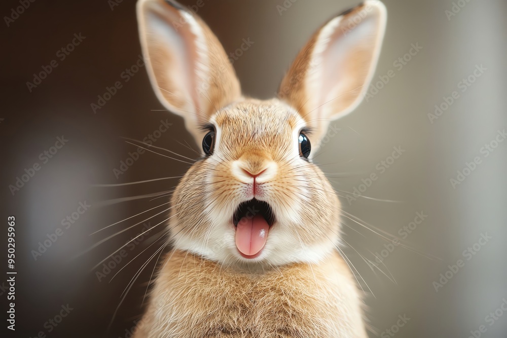 Obraz premium Adorable rabbit with expressive face, showcasing surprise and curiosity in a soft focus background. Perfect for nature themes.