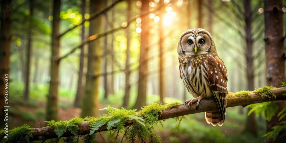 Obraz premium Owl perched on a tree branch in a peaceful forest setting , owl, wildlife, bird, nature, branch, tree, forest