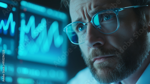 Close up of a scientist looking at digital hologramic screens with worry. Middle-aged scientist looking at data in middle of hologramic screens.