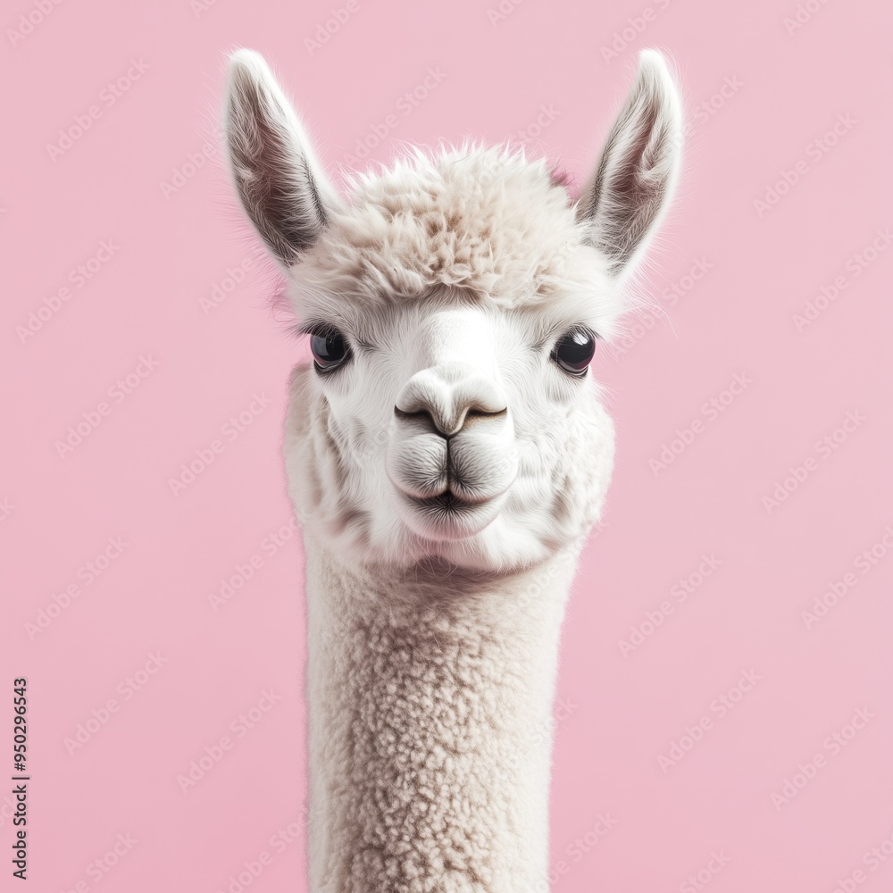 Obraz premium Cute little white funny alpaca isolated on tender pink background