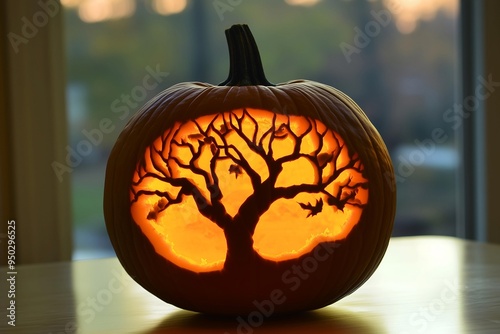 halloween pumpkin carving design of tree, jack-o-lantern art , art of pumpkin carvings  photo