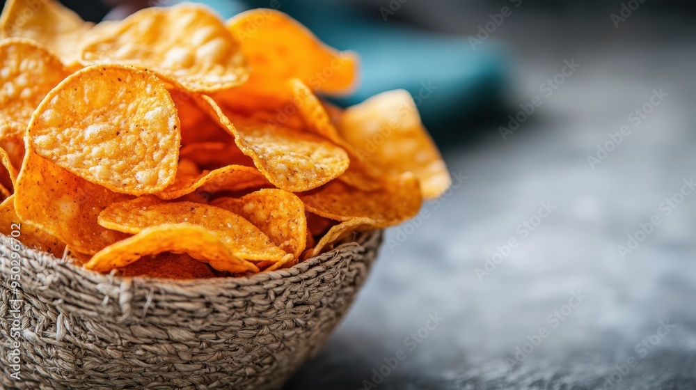 A close-up shot of a basket filled with golden crispy nacho chips placed on a wooden table, showcasing the texture and appealing look of the snack for food advertising. A close-up shot of a basket filled with golden crispy nacho chips placed on a wooden table, showcasing the texture and appealing look of the snack for food advertising.