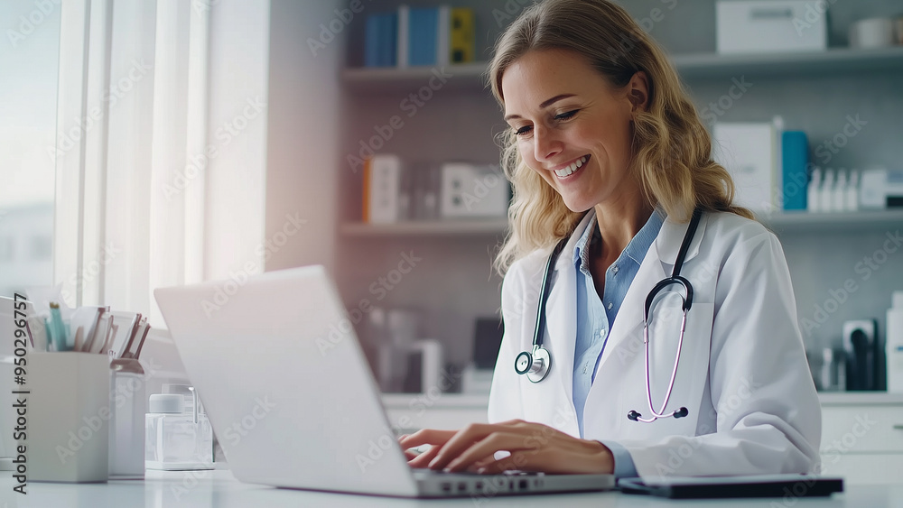 Young doctor smiling while working on a laptop in her office. Young doctor smiling while working on a laptop in her office.
