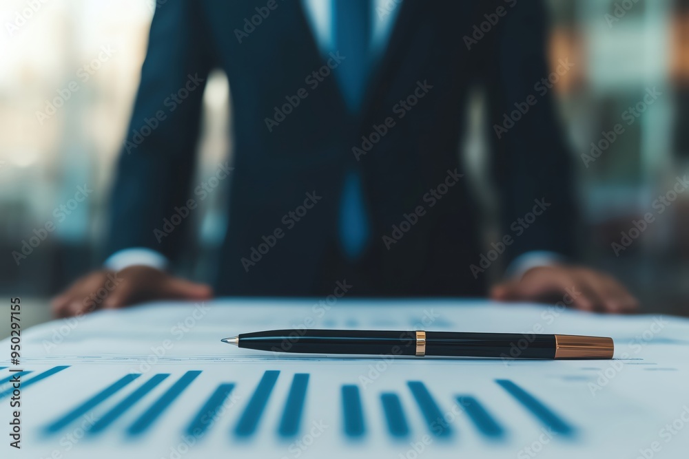Business professional reviewing financial documents with a pen on a table. Focus on data analysis and strategic planning. Business professional reviewing financial documents with a pen on a table. Focus on data analysis and strategic planning.