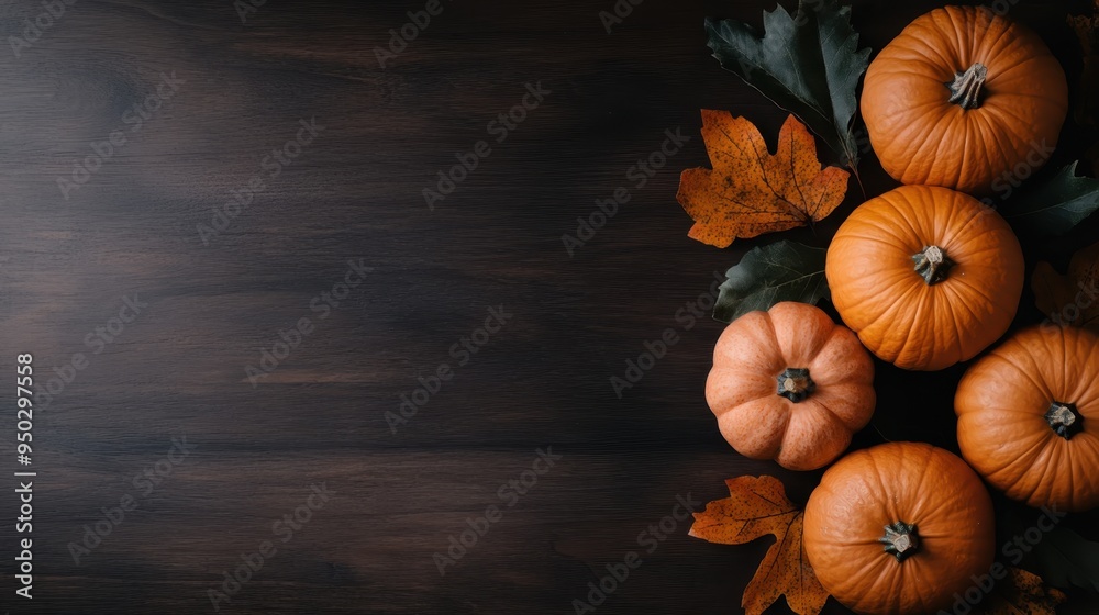 Five orange pumpkins with autumn leaves are arranged on the right side of a wooden background, creating a cozy seasonal atmosphere. Five orange pumpkins with autumn leaves are arranged on the right side of a wooden background, creating a cozy seasonal atmosphere.