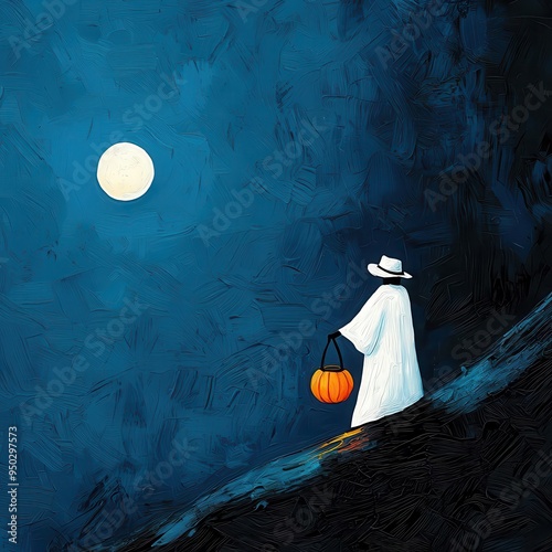 Ghostly figure holding a pumpkin lantern, white t-shirt, spooky night sky with full moon photo