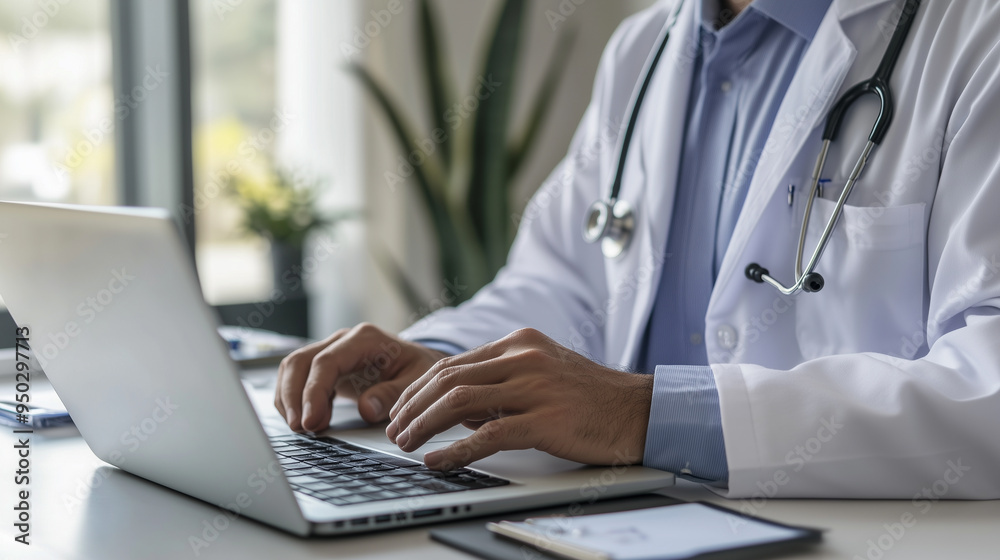 Close up shot of a doctor working intensely on a laptop in his office. Close up shot of a doctor working intensely on a laptop in his office.