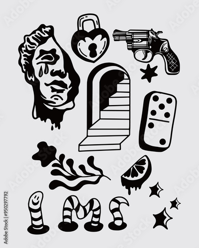 Icon tattoo style collage ink set collection streetwear t shirt fashion illustration vector mystical symbol design sticker print art isolated editable 
