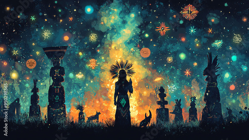 Illustration of an ancient shaman from a little-known culture under a starry sky