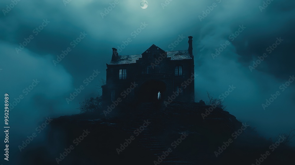 Eerie Haunted House on Hill with Ghostly Figure in Moonlit Fog Eerie Haunted House on Hill with Ghostly Figure in Moonlit Fog