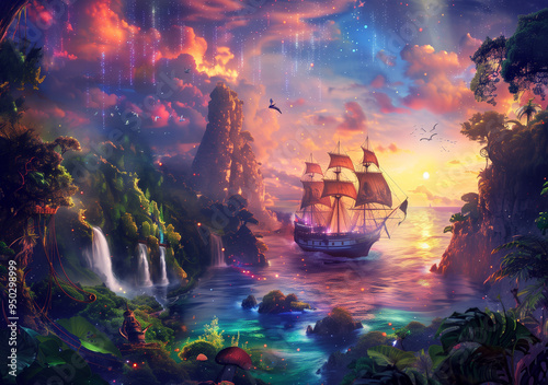 Magical wallpaper, inspired by neverland. Adventurous and positive feeling. Background for a social media or news post.