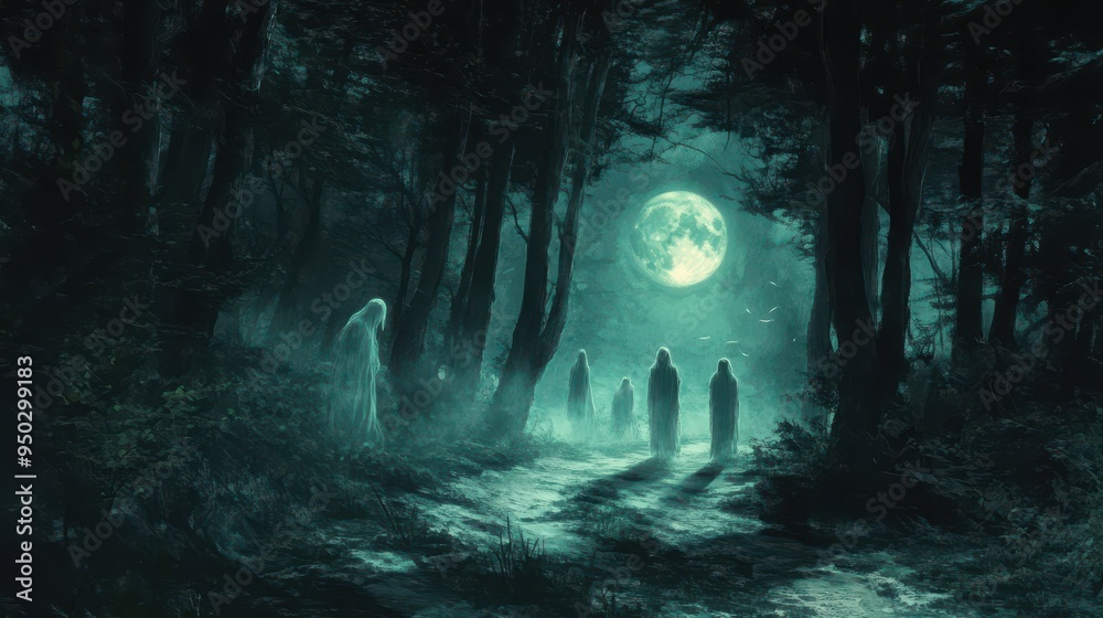 Fototapeta premium Ethereal Night Walk in Dark Forest with Ghostly Figures under Full Moonlight