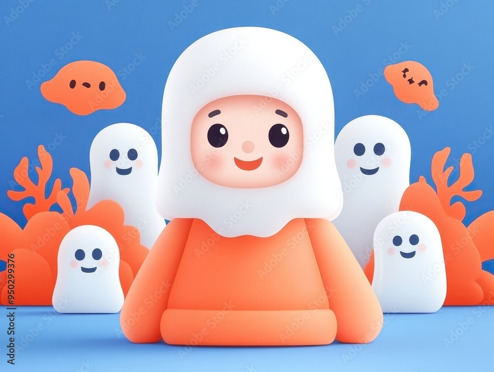 A playful cartoon character dressed in orange, surrounded by cute ghost figures and colorful shapes, perfect for Halloween themes. A playful cartoon character dressed in orange, surrounded by cute ghost figures and colorful shapes, perfect for Halloween themes.