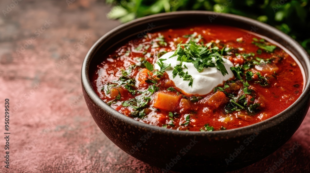 A hot bowl of vegetable soup featuring chunks of vegetables and beans, topped with a dollop of cream and garnished with chopped fresh herbs, offering a comforting meal. A hot bowl of vegetable soup featuring chunks of vegetables and beans, topped with a dollop of cream and garnished with chopped fresh herbs, offering a comforting meal.