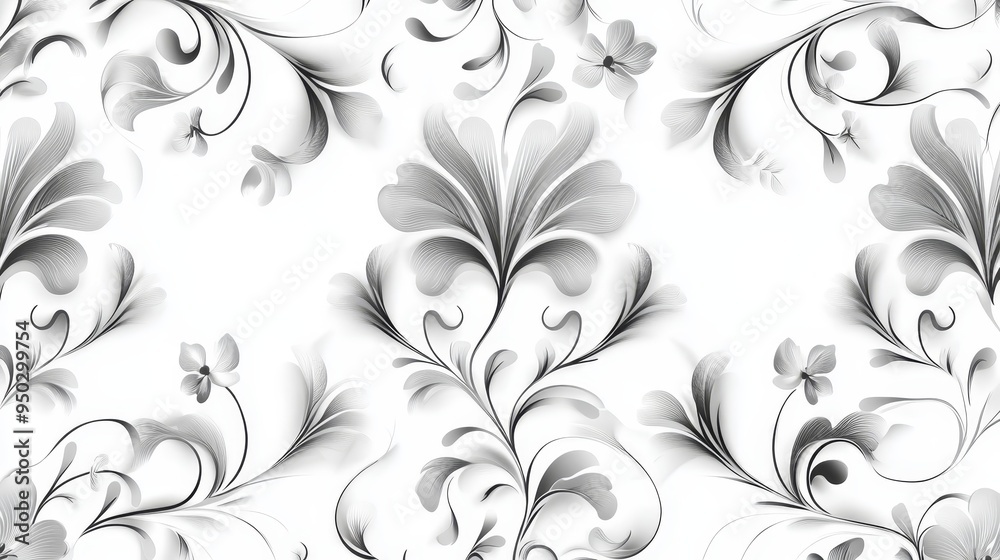 Elegant Floral Pattern Design ,Monochrome White Background Elegant Floral Pattern Design ,Monochrome White Background