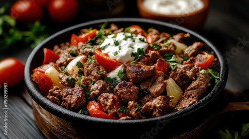 A flavorful beef stir fry featuring tender pieces of beef mixed with fresh vegetables and garnished with herbs, served in a bowl with a dollop of sauce.